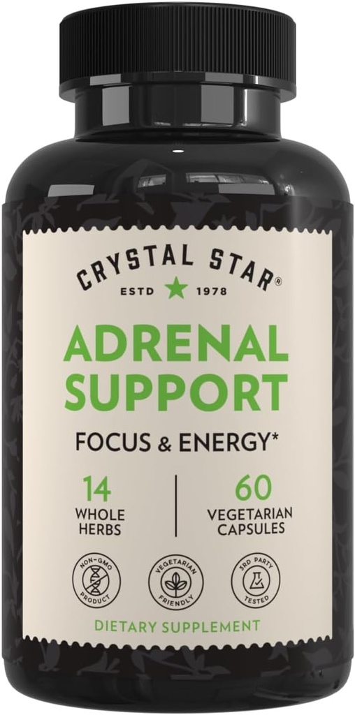 Crystal Star Adrenal Support Supplemento (60 capsule) – Supplemento giornaliero di Cortisol per Stress Relief & Adrenal Fatigue - Siberian Eleuthero, Licorice, Uva Ursi, Astragalus & Fo-ti – Non OGM