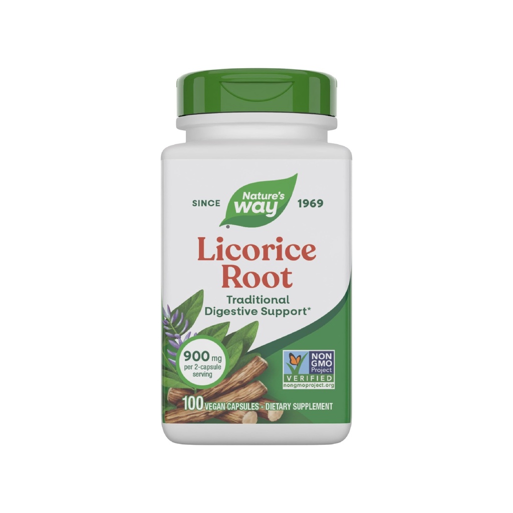 Nature's Way Racine de réglisse, supplément de soutien digestif traditionnel*, 900 mg par portion de 2 capsules, projet non-OGM vérifié, 100 capsules végétales (paquetage mai vary)