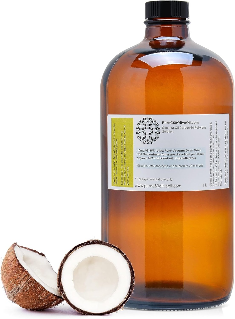 PureC60OliveOil C60 Bio MCT Kokosöl 1L / 33.8 Fl Oz - 99,95% Carbon 60 Solvent Free 400mg - Amber Glass Bottle - Carbon 60 Kokosöl - von The Lead Global Produzent