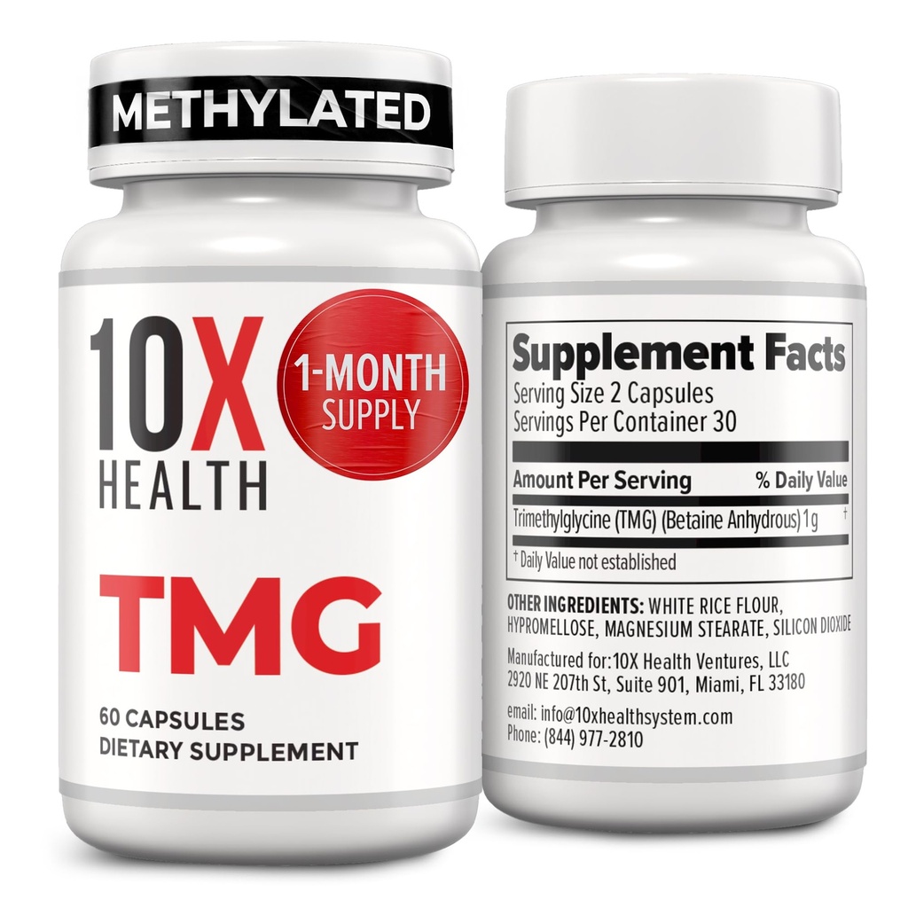 Supplementi 10X Health TMG - Supplemento Trimethylglycine per il supporto del fegato, benessere del cuore, energia, livelli di homocysteine - capsule TMG con Betaine Anhydrous - Non-GMO & Gluten-Free - 60 capsule