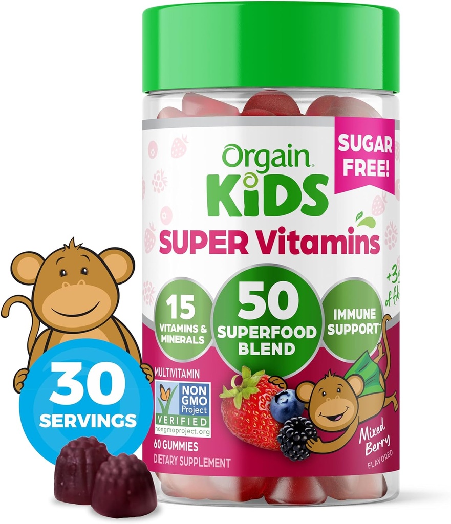 Orgain Kids Zucchero Gratuito Multivitaminico Gummies, Vegan & Plant Based, 50 Superfoods, 15 Vitamine e Minerali, Supporto Immune e 3g di Fibra, Bacca Mista, Età 4+, 1 Mese di Alimentazione (60 Gummies)