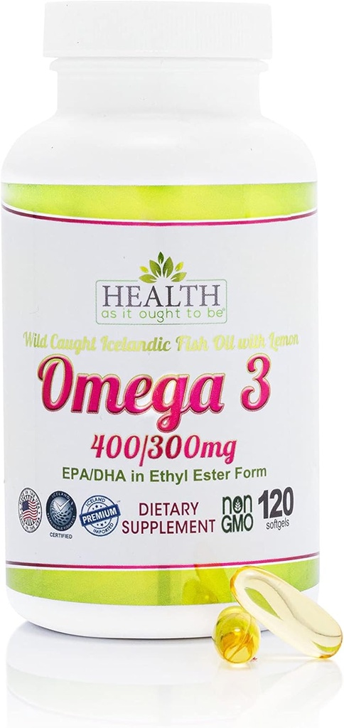 Salute come esso dovrebbe essere Omega 3 400/300 mg supplemento | Physician formulato EPA/DHA in Ethyl Ester Form Wild Caught Islandic Fish Oil con Lemon | 120 capsule