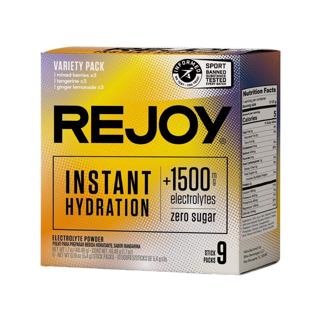 Rejoy – Electrolyte Powder Packets, 9 Sticks – Hydration Drink Mix Supplement – Sugar Free, Keto e Paleo Friendly, Vegan, Non OGM, Easy Open Single-Serving Stick (Variety Pack)