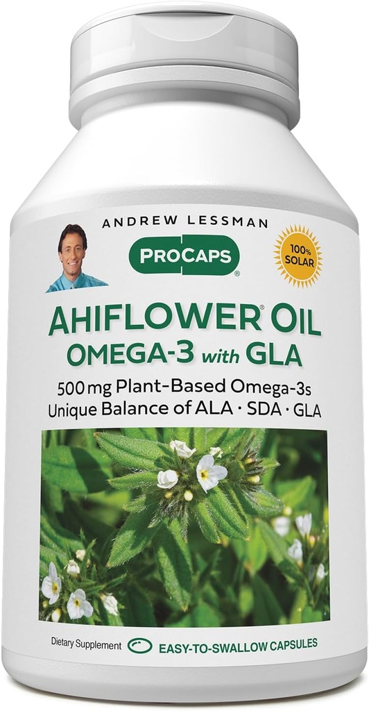 ANDREW LESSMAN Ahiflower Omega-3 con GLA - 60 Softgels - Uniquely Balanced, Plant-Based Fonte di acidi grassi essenziali Omega-3. No Stomach Upset, Contaminanti o Mercurio. Facile da ingoiare
