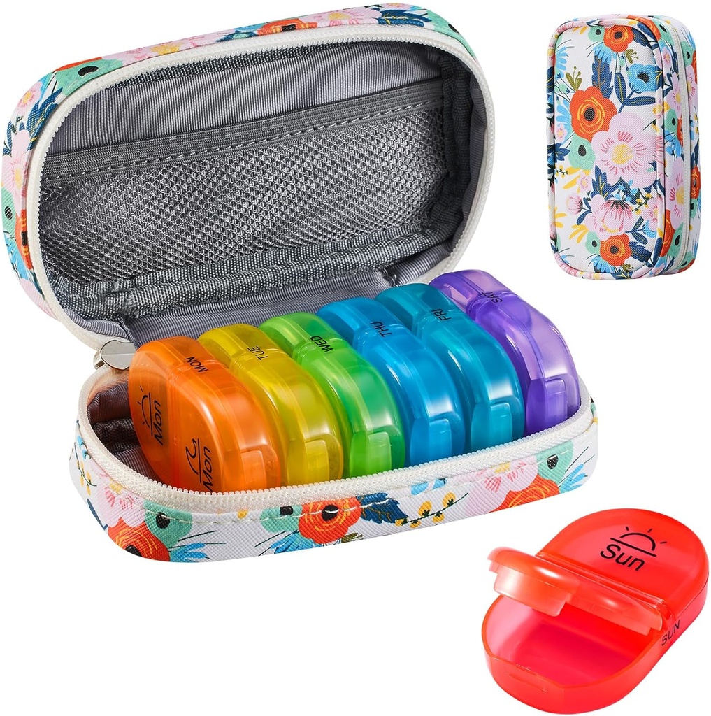 Serfeymi Organizzatore di viaggio settimanale 2 volte al giorno AM Aggiornato Rainbow Pill Box 7 giorno con la cerniera portatile PU cassa di pillole in pelle, organizzatore di medicina per pillole, vitamine, oli di pesce - floreale 03