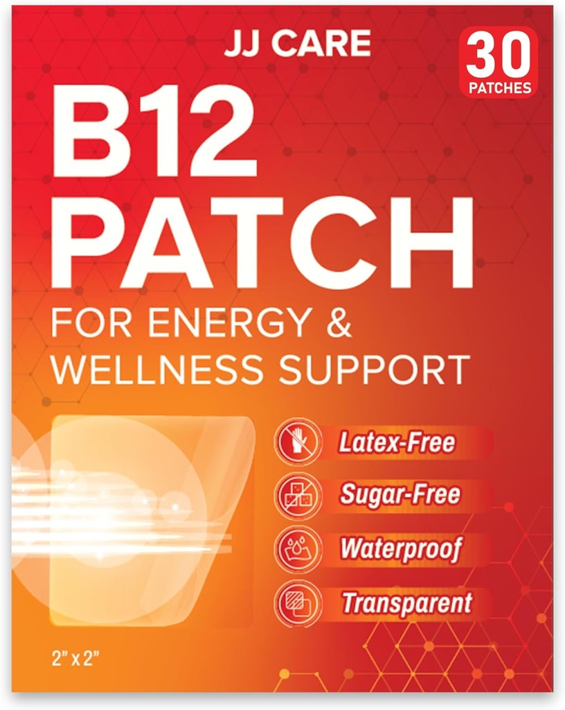 JJ CARE B12 Patch (Pack of 30), Self-Adhesive Natural Blend Topical Daily B12 Energy Patches, 1 Month Supply