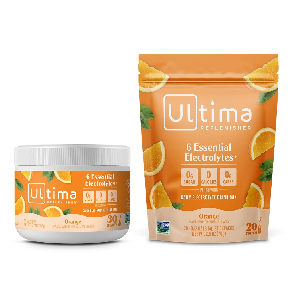 Ultima Replenisher Electrolyte Powder Drink Mix Bundle – Sugar Free – Orange, 30 Servierkanister und 20 Stickpacks – 6 Elektrolyte und Mineralien – Keto Friendly, Vegan, Non-GMO