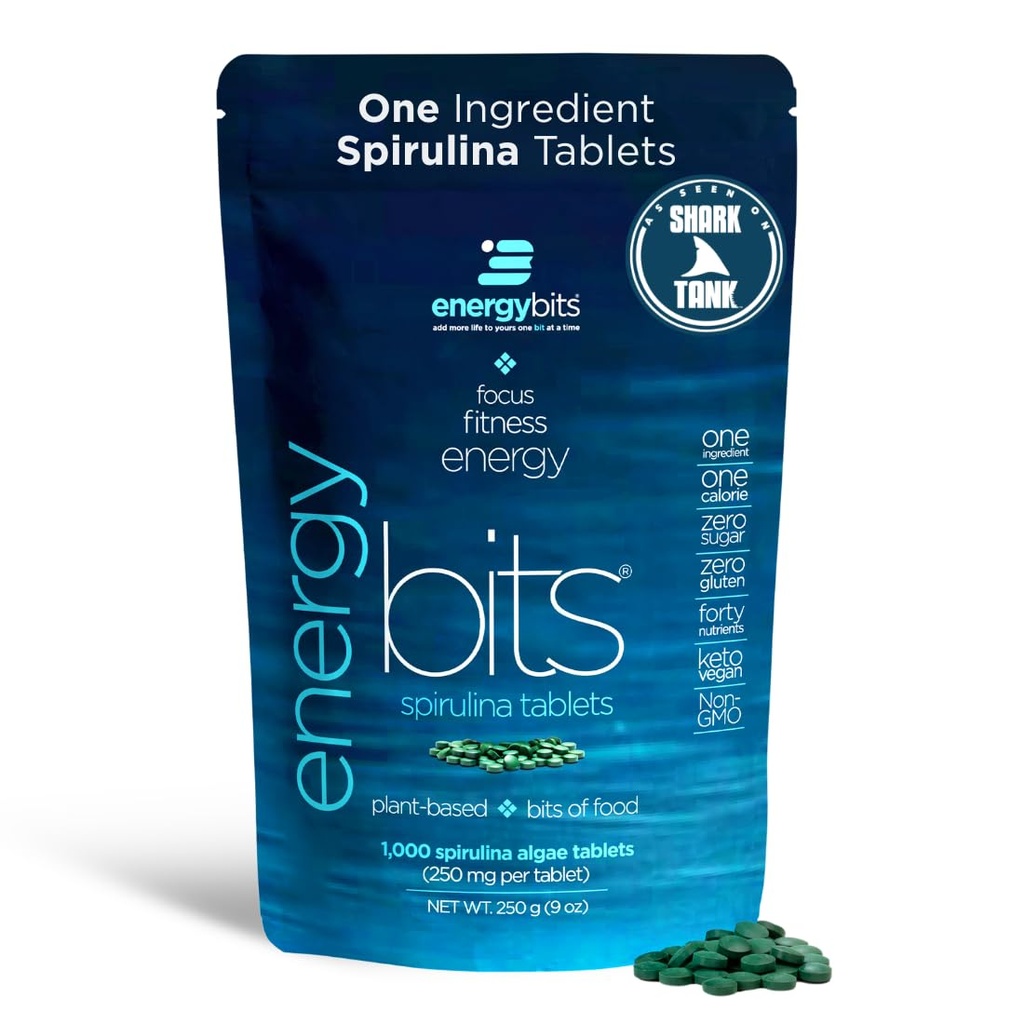 ENERGYBITS - Bio Spirulina Tabletten - Pflanzenbasierte Algae Superfood - für Fokus, Fitness, Energie - Pflanzenprotein - Glutenfrei - Collagen, Vitamin B12, Omega 3 - Keto & Vegan - 1000 Algae Tabletten