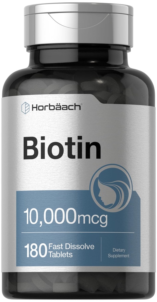 Horbäach Biotin 10000mcg. 180 comprimés à dissolver rapidement pour les femmes et les hommes.