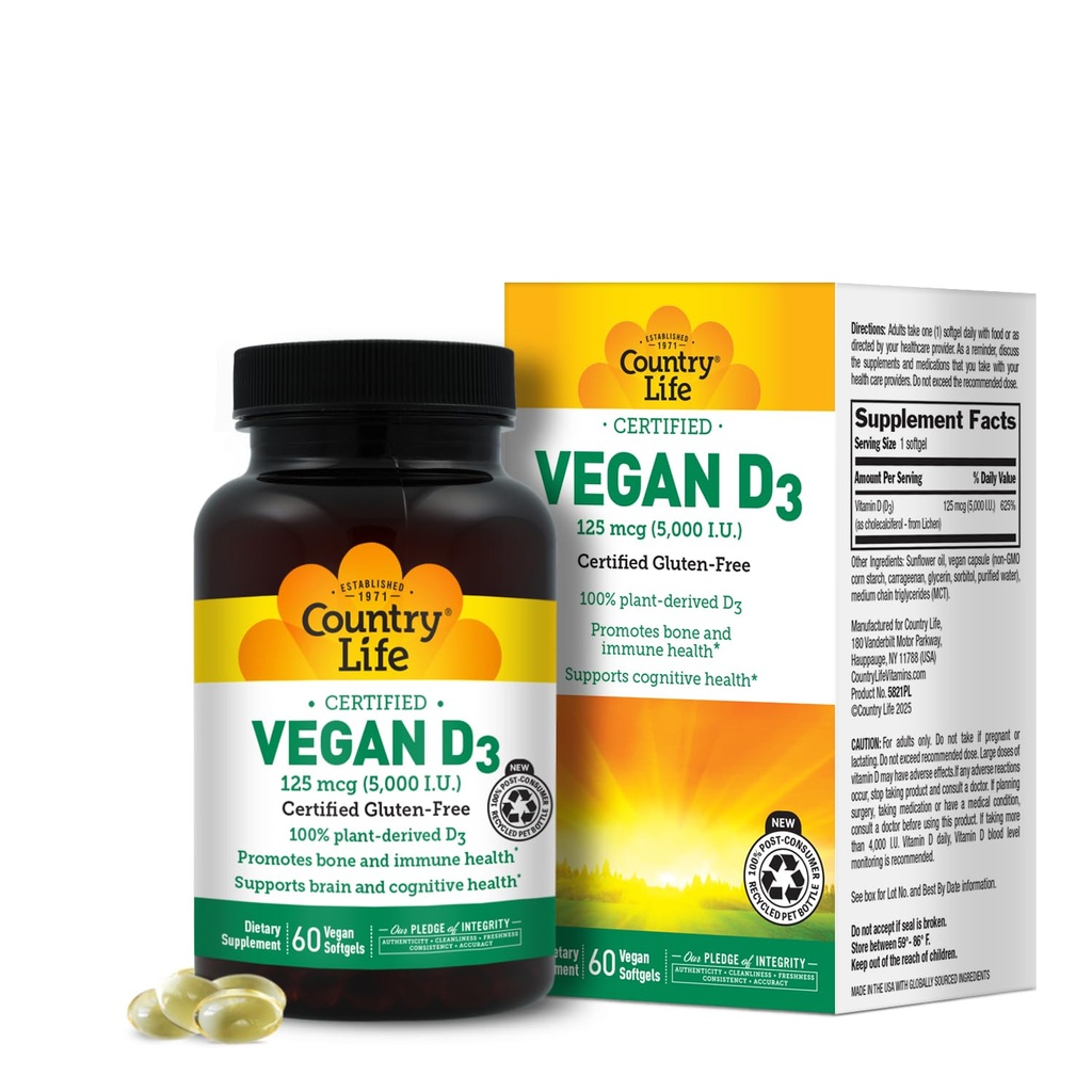 Country Life Vegan D3 5000 UI – Vitamine D3 végétale de Lichen – Soutien à haute puissance immunitaire et os – Vegan certifié, sans gluten, sans OGM – 60 Softgels