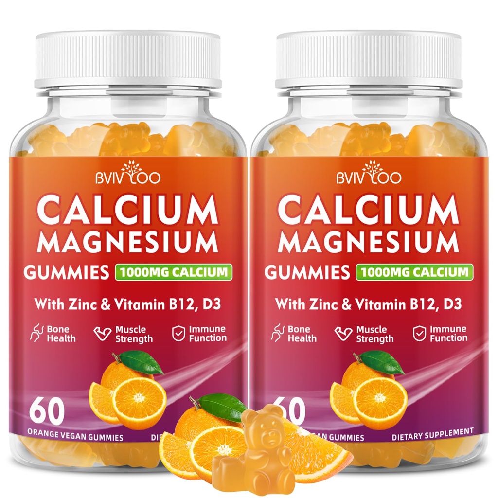2 Pack Calcium Gummies 1000mg con Vitamina D3 K2 & B Complex, Potassium, Calcio Magnesio Zinc Gummies per Bone, Muscolo, Mood e Immunità - Arancione Flavor 120 Gummies