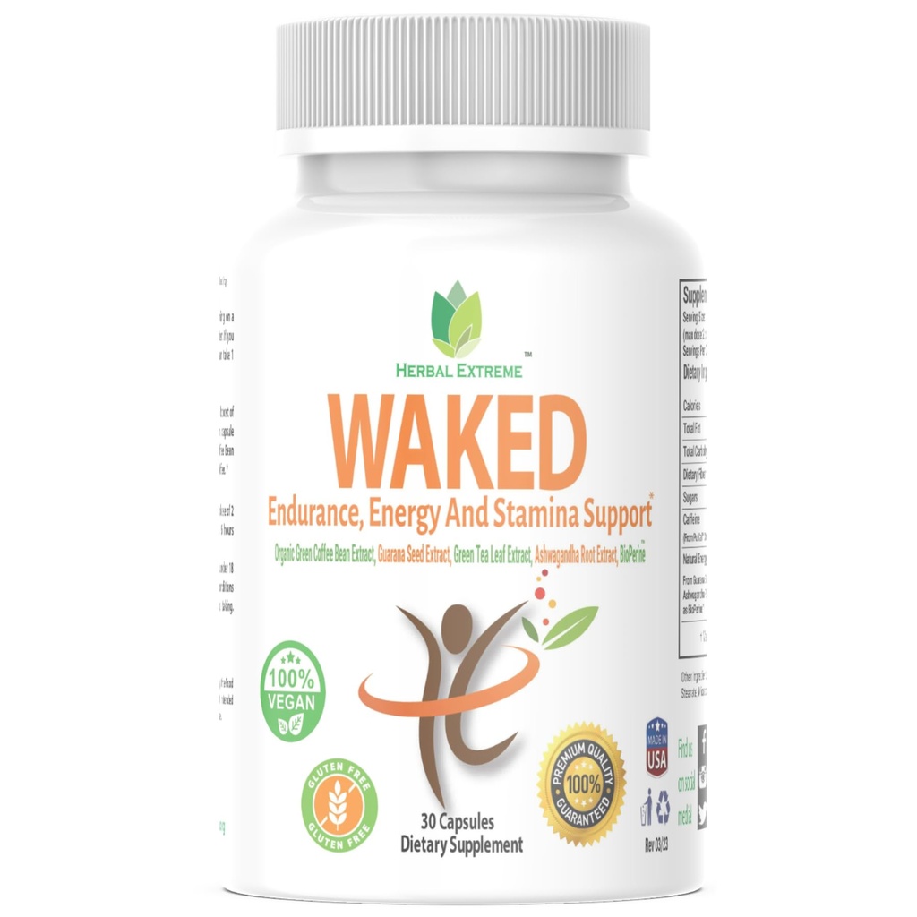Waked Endurance, Energy And Stamina Support 30 Kapseln Bio Green Coffee Bean Extract, Guarana Seed Extract, Green Tea Leaf Extract, Ashwagandha Root Extract und Black Pepper Extract als BioPerine