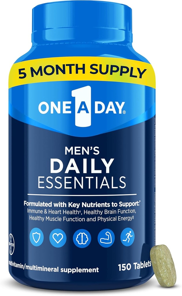 Ein Tag Männer Multivitamin Daily Essentials, Multivitamin für Männer Tablet, unterstützt gesunde Muskelfunktion, physische Energie und Immungesundheit mit Vitamin B12, Vitamin C und Zink, 150 Zähler