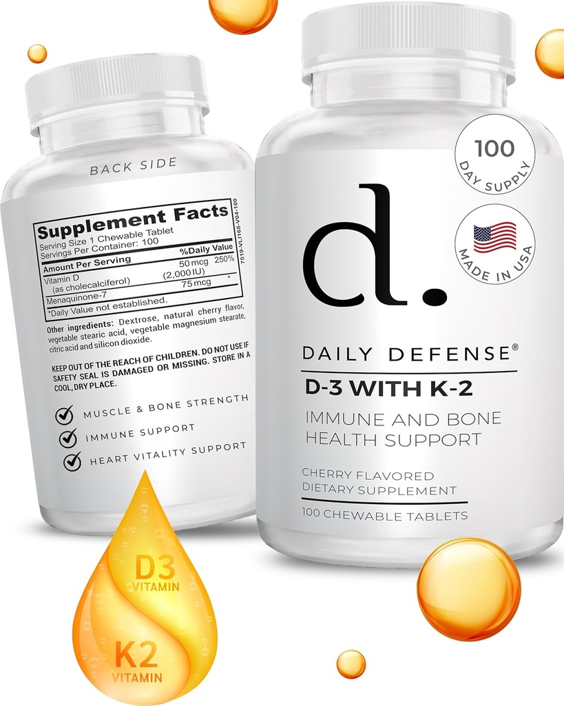 Immunabwehr Ergänzungen Vitamin D3 K2 2000IU für Herzgesundheit, Tägliche Immununterstützung, Mental Clarity, & Muskelfunktion - 100 Kautabletten