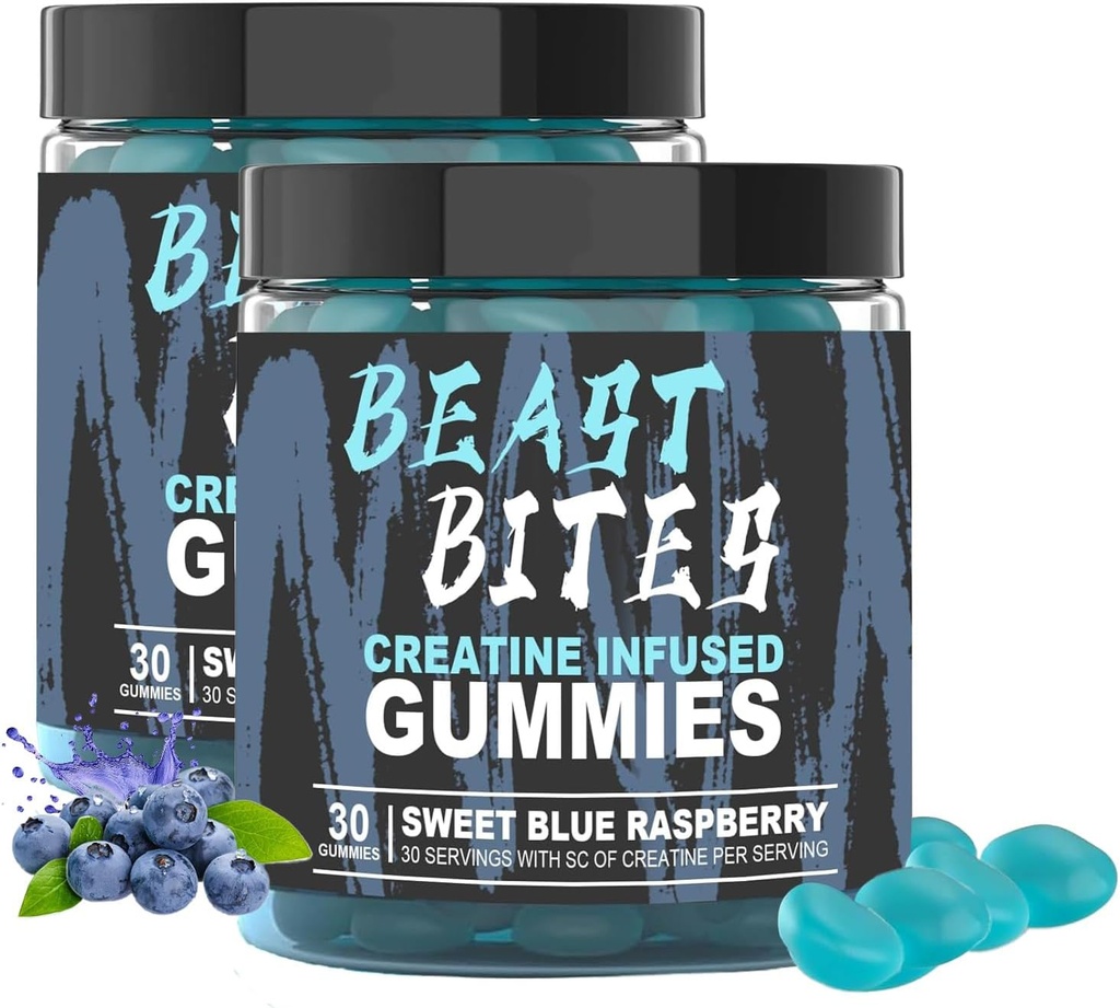 DYALE Beast Bites Creatine Bites - 5g Creatine Monohydrate Per Servieren - Kein Zucker oder künstliche Farben - Low-Calorie, Vegan & Halal - Blaue Himbeere Geschmack - 30 Gummi (2pcs)