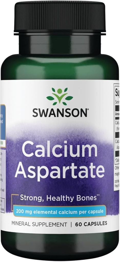 Swanson Calcium Aspartate - Kräuterergänzung Förderung von Knochen, Herz, & Muskel Gesundheit - Natürliche Formel Förderung Gesamtkörper Wellness - (60 Kapseln-200mg Jeder)