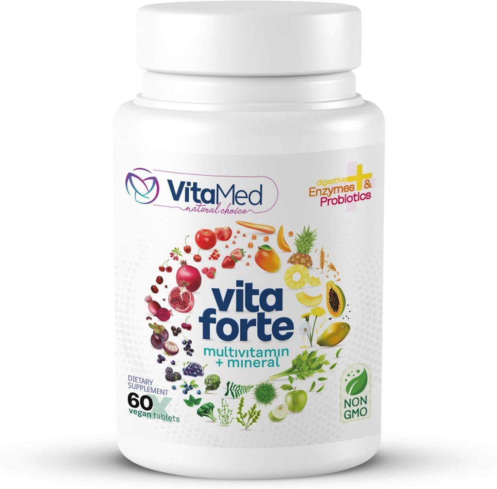 Vita Forte Vegan Multivitaminico con Probiotici, Enzimi Digestivi & 42 Frutti & Verdura – Certificato Halal, Non OGM, Senza Glutine, Energia Giornaliera & Supporto Immune – 60 Compresse Vegane