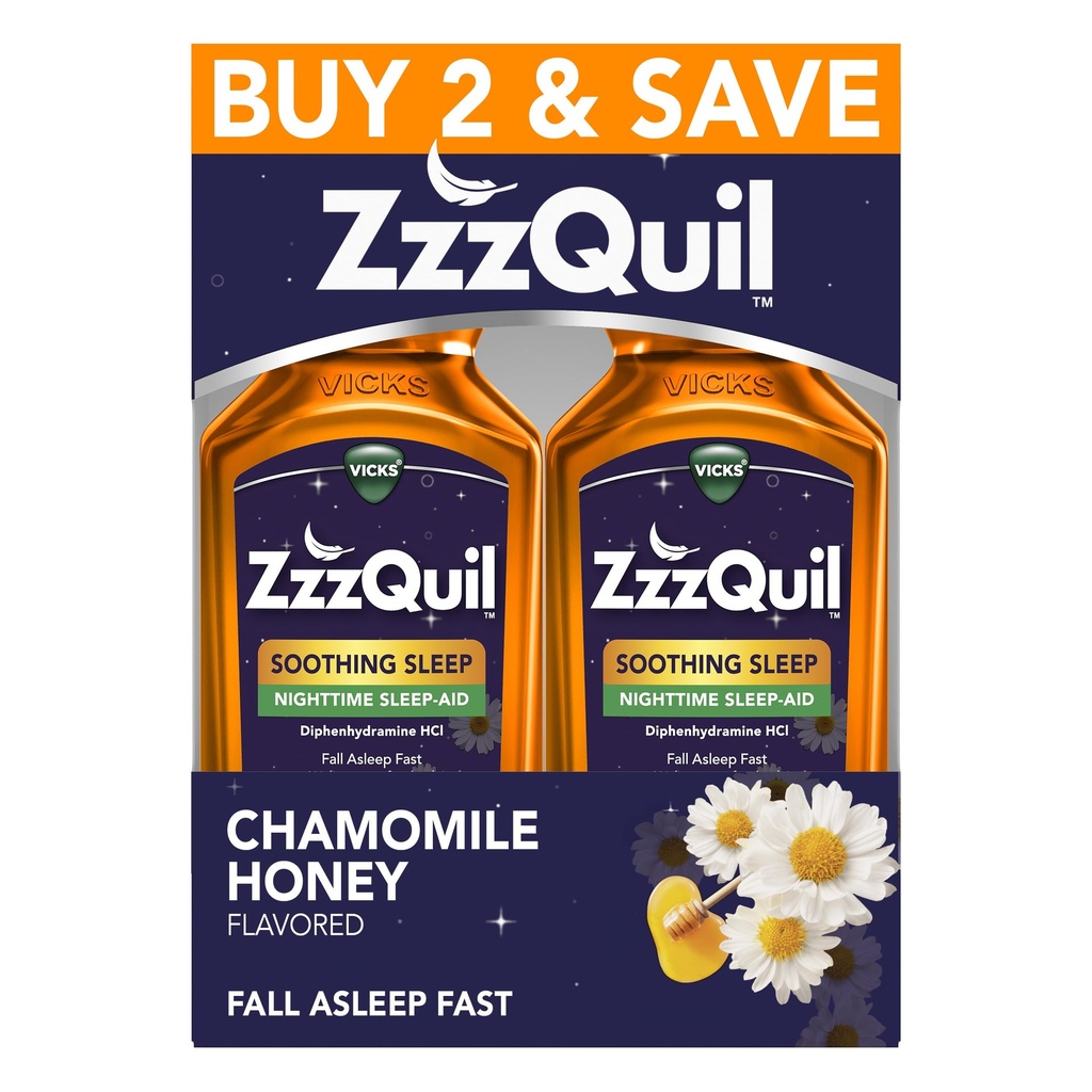 ZzzQuil Liquid Sleep Aid, Soothing Sleep, Diphenhydramine 50mg HCl, Camomilla Honey Flavored, Nighttime Sleep Aid Liquid, Sleep Aids for Adults, 2 Pack, 24 FL OZ