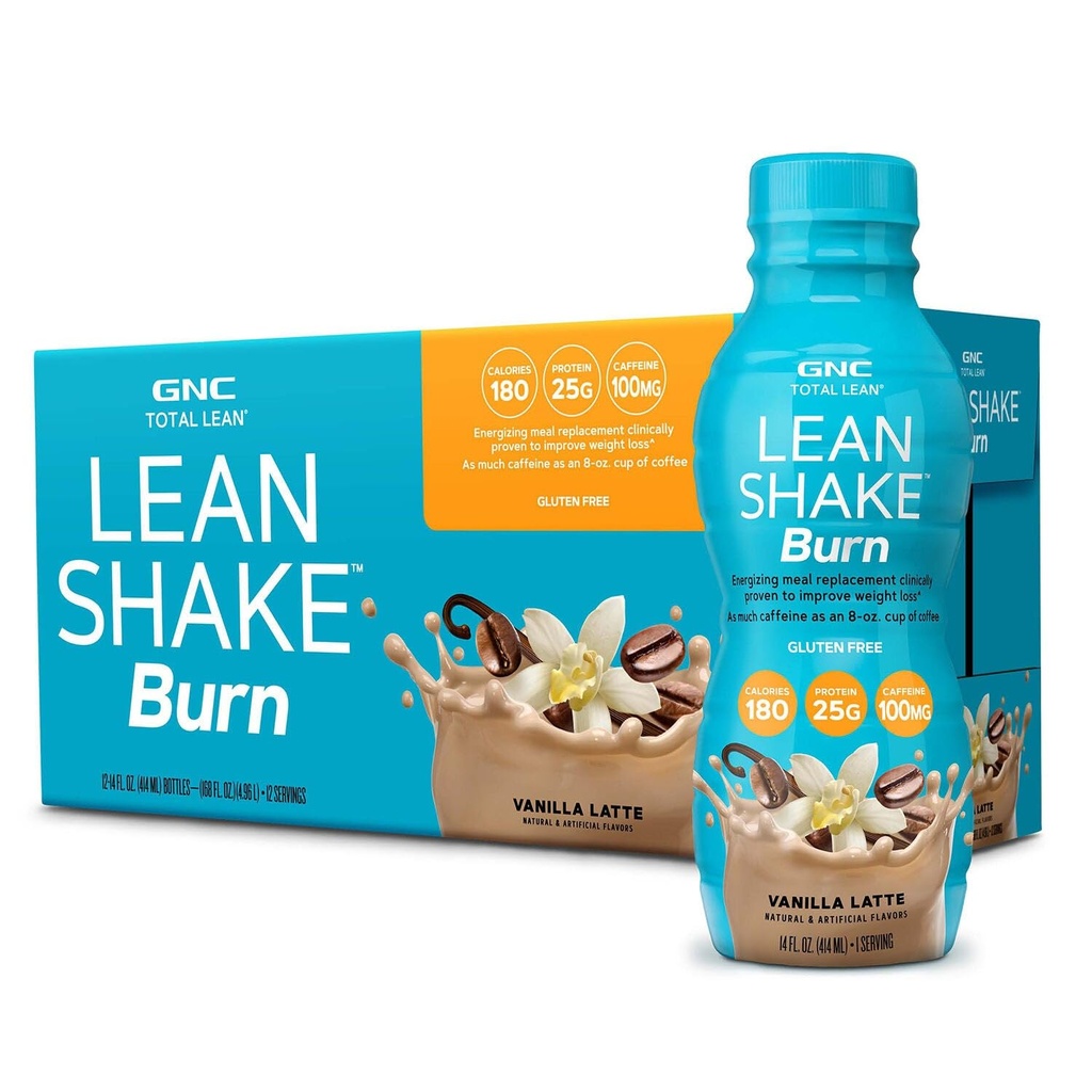 GNC Lean Shake Burn With Caffeine, Clinically Proven Weight Management, Pronto per Bere Meal Sostituzione, 25g Protein con Zero Aggiunto Zucchero, Vanilla Latte, Confezione da 12