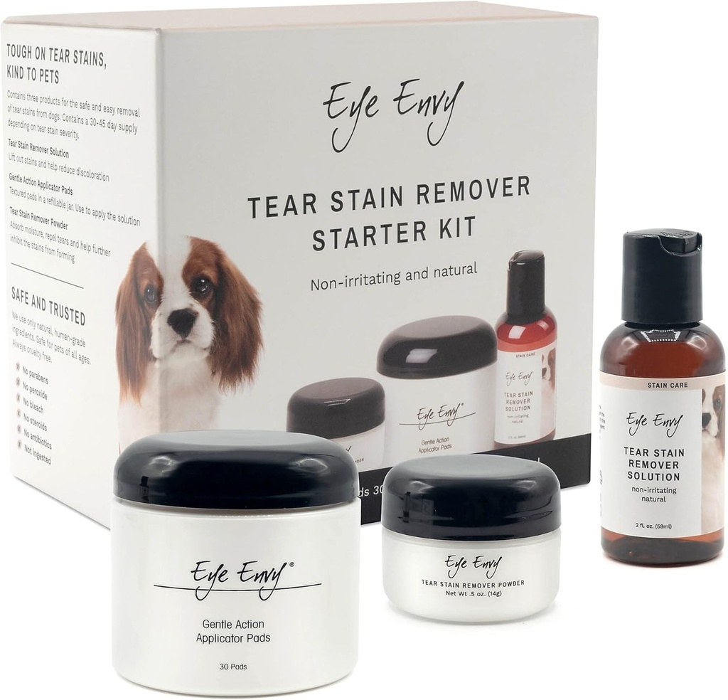 Eye Envy Dog Tear Stain Remover Starter Kit. 100% natürlich, sicher. Enthält: Stain Solution, Applicator Pads, und Stain Powder. Tear Stain Treatment Kit. dauert 30-45 Tage. Made in USA