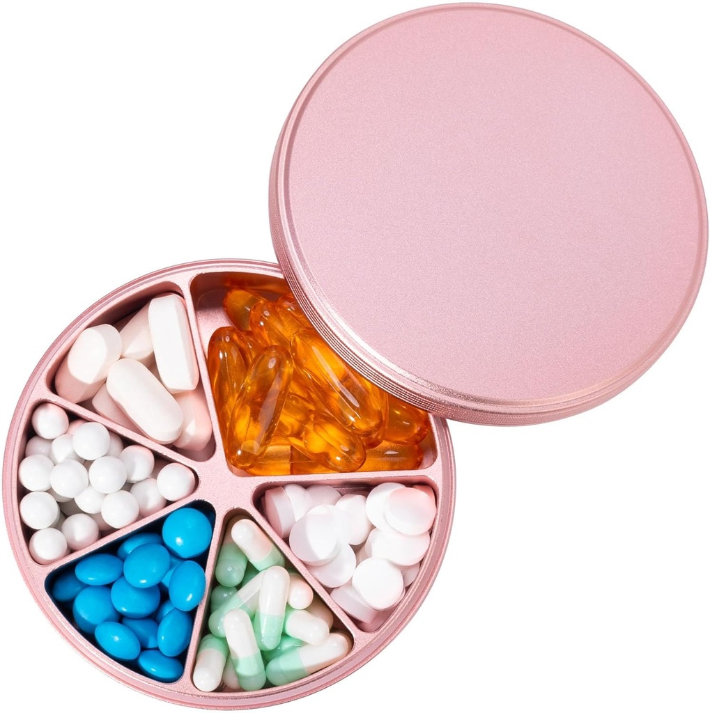 Organizzatore 6 scomparti Dispenser Pillola - Heavy Duty Metal Daily Pill Container, Daily Pill Box Pill Holder, Caso di farmaci impermeabili per la medicina del supplemento di vitamina Oli di pesce, 0.38lb, Rosa