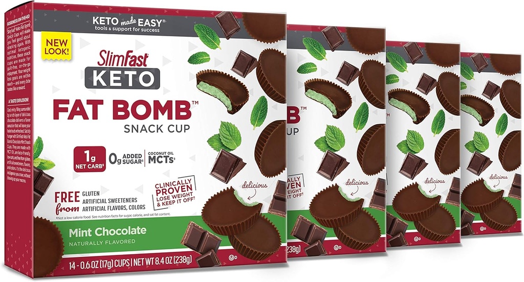 SlimFast Keto Fat Bomb Snack Cup, Mint Schokolade, Keto Snacks für Weight Loss, Low Carb mit 0g Hinzugefügt Zucker, 14 Count Box (Pack von 4)