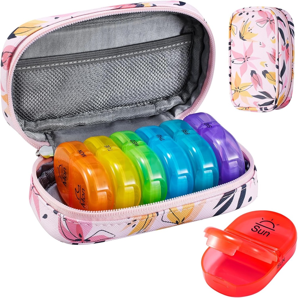 Serfeymi Weekly Travel Pill Organizer 2 Mal A Day AM Upgraded Regenbogen Pille Box 7 Tage mit tragbaren Reißverschluss PU Leder Pille Fall, Medizin Organizer für Pillen, Vitamine, Fischöle - Pink 03