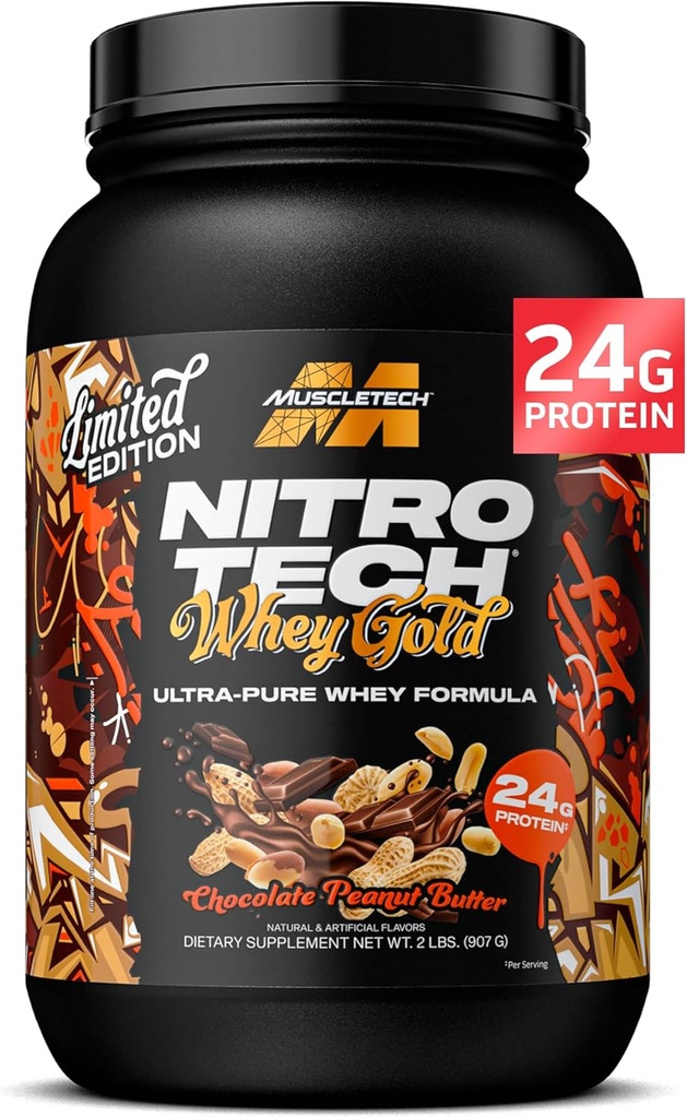 MuscleTech Whey Protein Powder (Chocolate Peanut Butter, 2LB) - Nitro-Tech Whey Protein Isolate Smoothie Mix per muscolo magro e veloce recupero - 24g di Whey Gold Protein per le donne e gli uomini - senza glutine