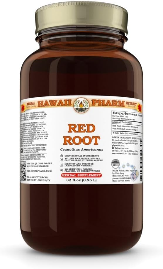 Hawaii Pharm Red Root Extract, Tincture for Heart and Lymphatic Wellness, fördert Verdauungskomfort, hilft Entgiftung, unterstützt Gut Balance und Nährstoffabsorption - 32 fl.oz