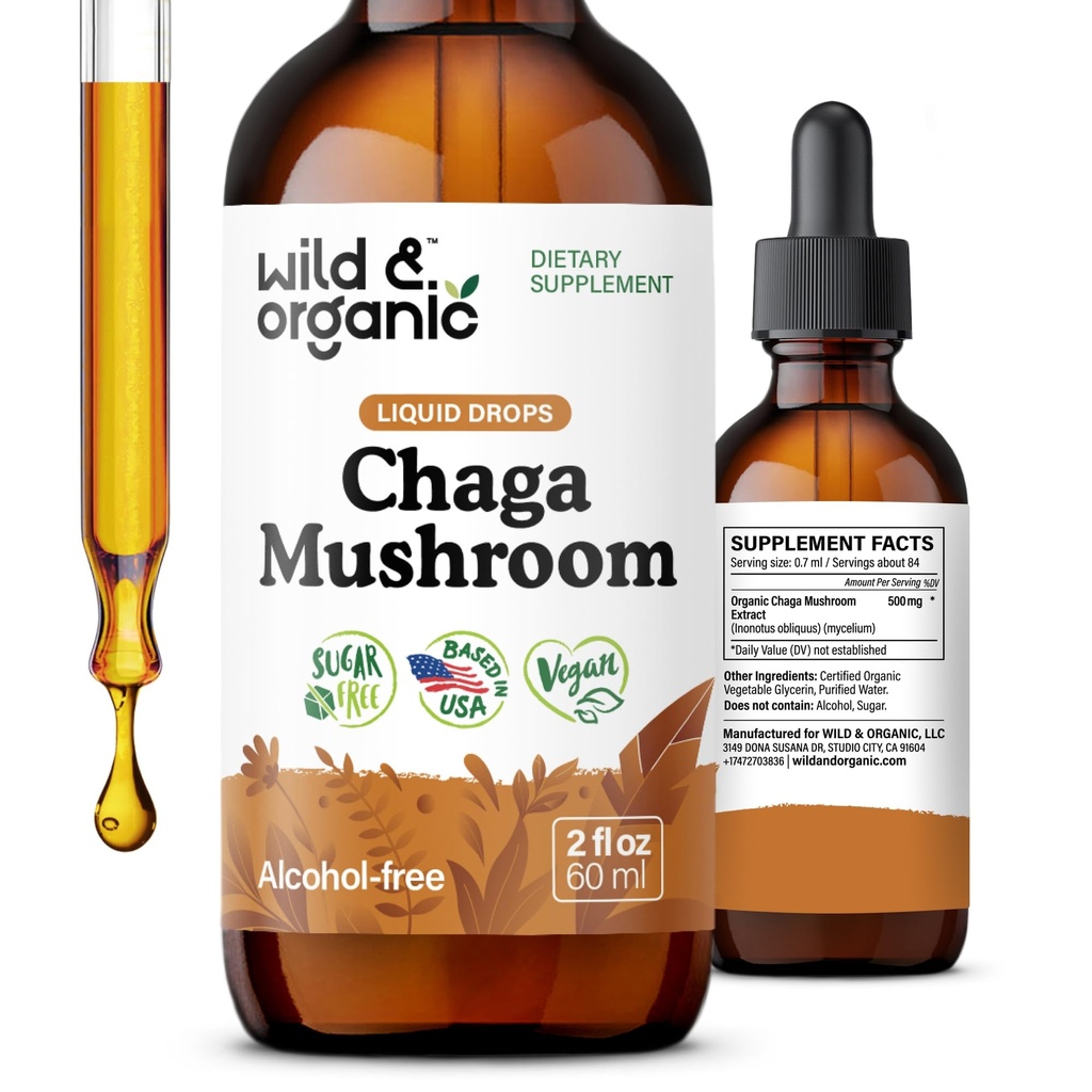 Wild & Organic Chaga Mushroom Tincture - Immununterstützung mit Chaga Mushroom Extract Liquid - Immunität Tropfen Supplement - Vegan, Zucker & Alkoholfrei - 2 fl oz