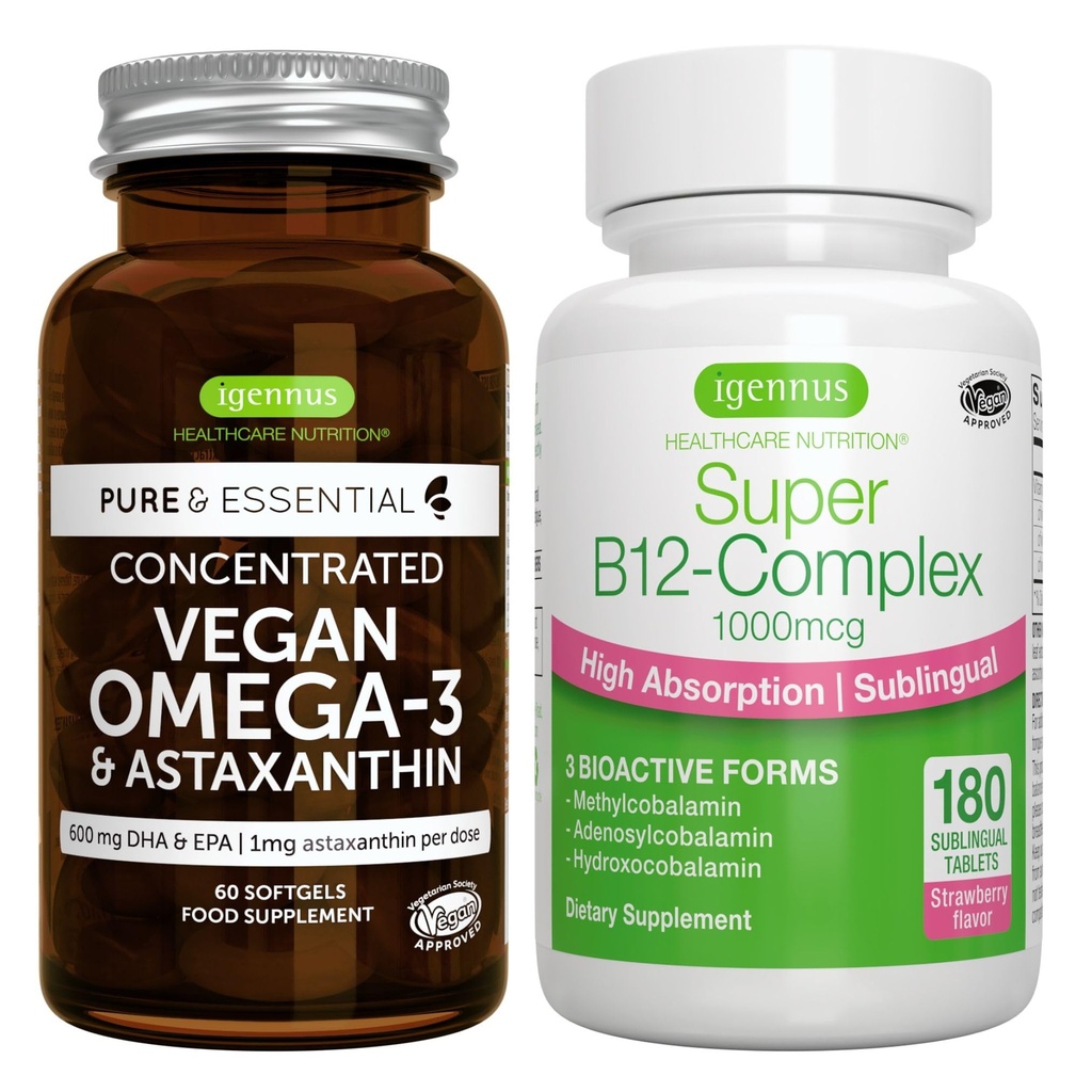 Vegan Omega-3 + Super B12-Complex 1000mcg Vegan Bundle, EPA sostenibile & DHA Algae olio 1340mg + ad alto assorbimento Sublingual Vitamin B12 Con metilcobalamin, Adenosylcobalamin & Hydroxocobalamin, di I