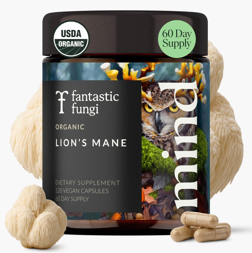 Leoni Mane Supplemento capsule, Lion's Mane Mushroom Supplement per la Memoria, Focus & Mood supporto, Adaptogen Funzionale Mushrooms Extract - 100% USDA Organic, Vegan- Glass Jar, 120 Caps, 2 mesi di fornitura