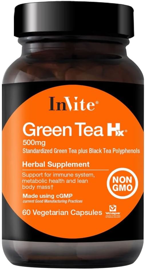 Inviter Santé - Thé Vert Hx - Thé Vert Standarisé Plus Thé Noir Polyphénols - 60 Capsules Végétariennes - 30 Jours d'Approvisionnement (1)