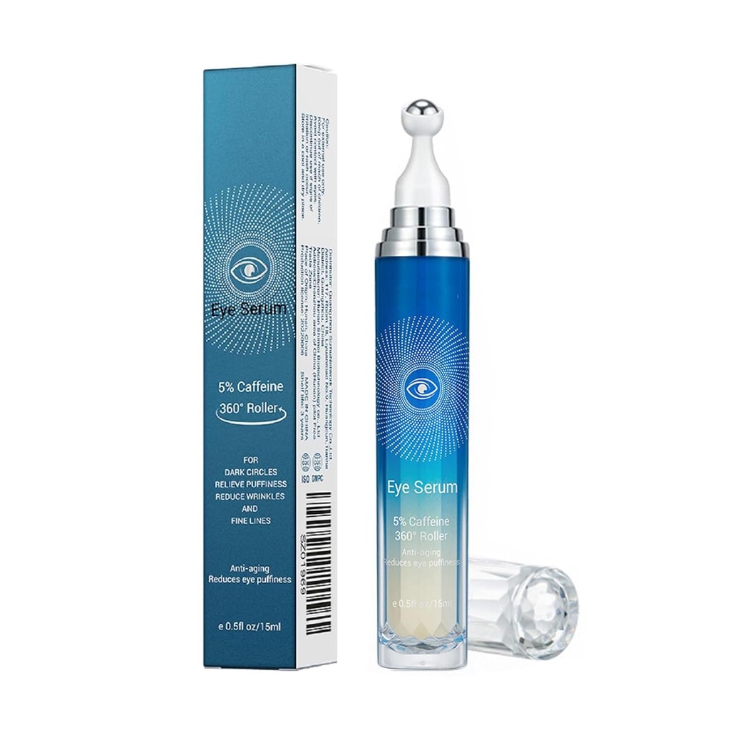 5% Caffeine Eye Serum, Anti-Aging Under Eye Roller Cream for Dark Circles Puffiness Falten und Fine Lines, Korean EyeCare Cream mit 360°Massage Ball, EyeBags Behandlung für Männer und Frauen