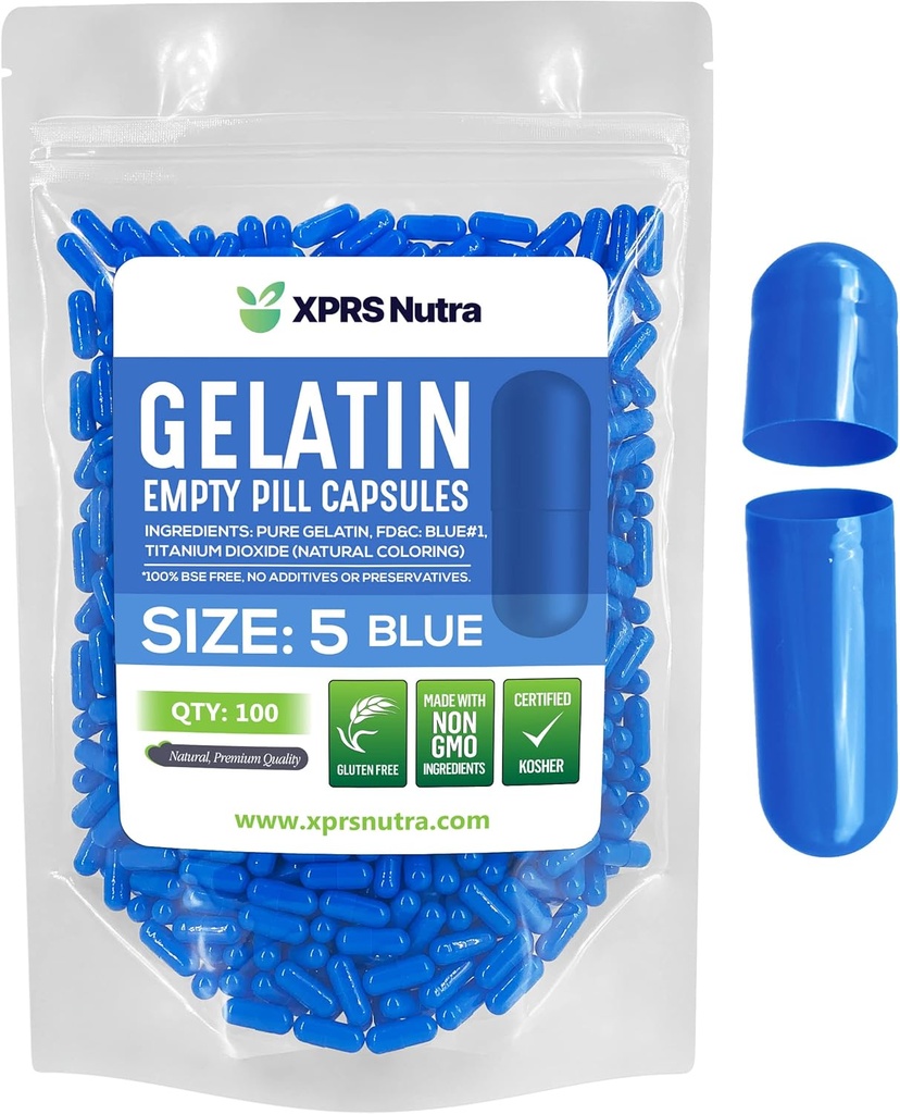 XPRS Nutra Size 5 capsule vuote - 100 conta molto piccole capsule di Gelatina vuota - pillole di riempimento della capsula fai da te - capsule di gel di pillole riempibili per integratori di vitamina Do-It-Yourself (blu)