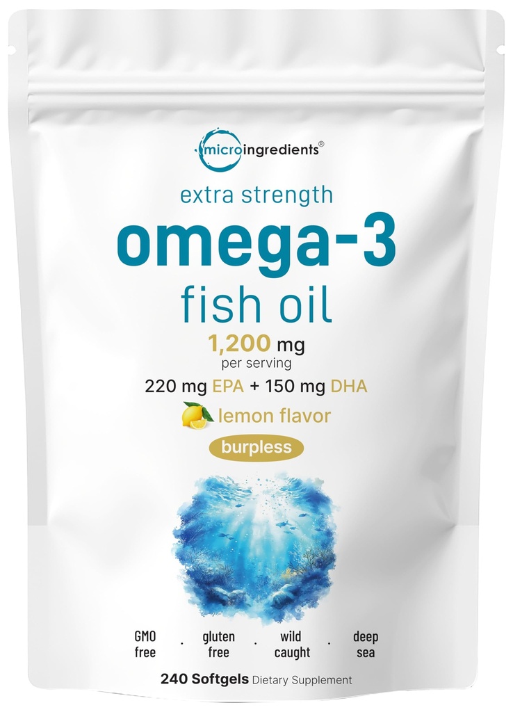 Micro Ingredients Extra Strength Omega 3 Fish Oil Supplements 1.200mg pro Servierung, 240 Softgels | Lemon Flavored | Burpless | Essential Fatty Acids | EPA 220mg + DHA 150mg | Deep Sea Fish
