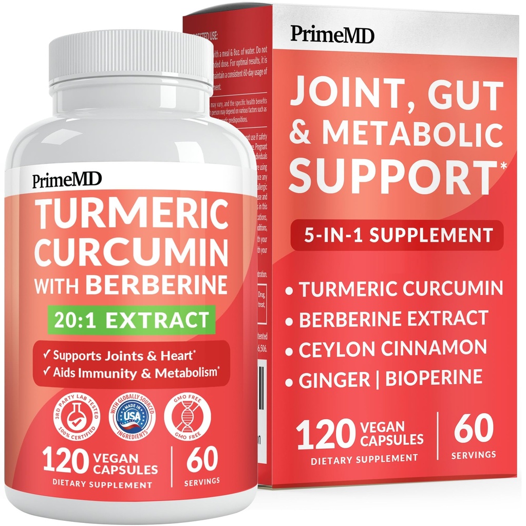 5-in-1 Organic Turmeric Curcumin Supplement (4210mg) mit Berberine, Ceylon Cinnamon Bioperine und Ginger Ergänzungen für Gelenk-, Herz-, Gut- und Stoffwechselunterstützung (120 ct)