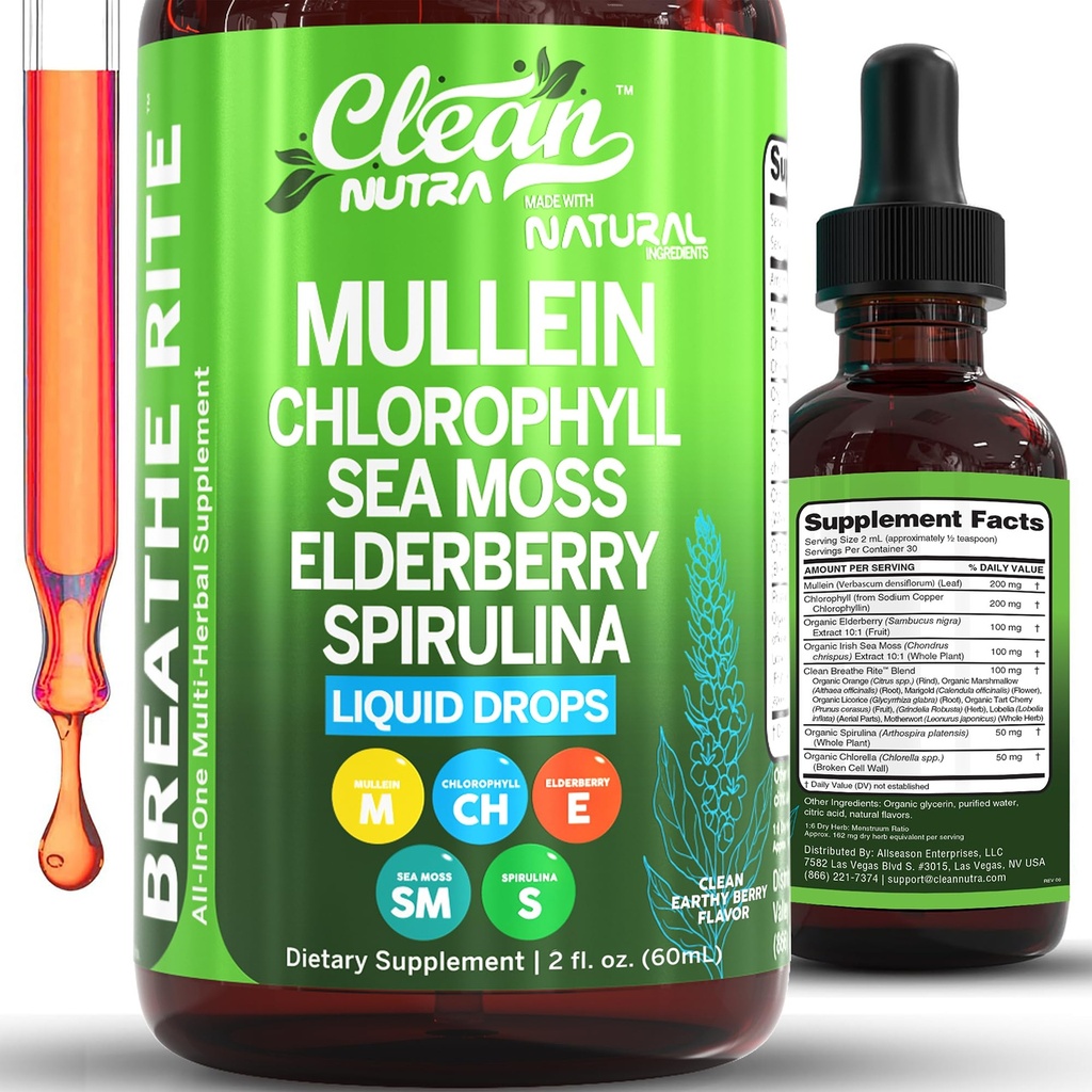 Pulire Nutra Mullein Gocce per polmoni clorofilla organica liquido irlandese Moss, Spirulina, liquirizia, Tart Cherry Lobelia, Motherwort & Elderberry Mullein Leaf Extract Tincture Men Supplemento