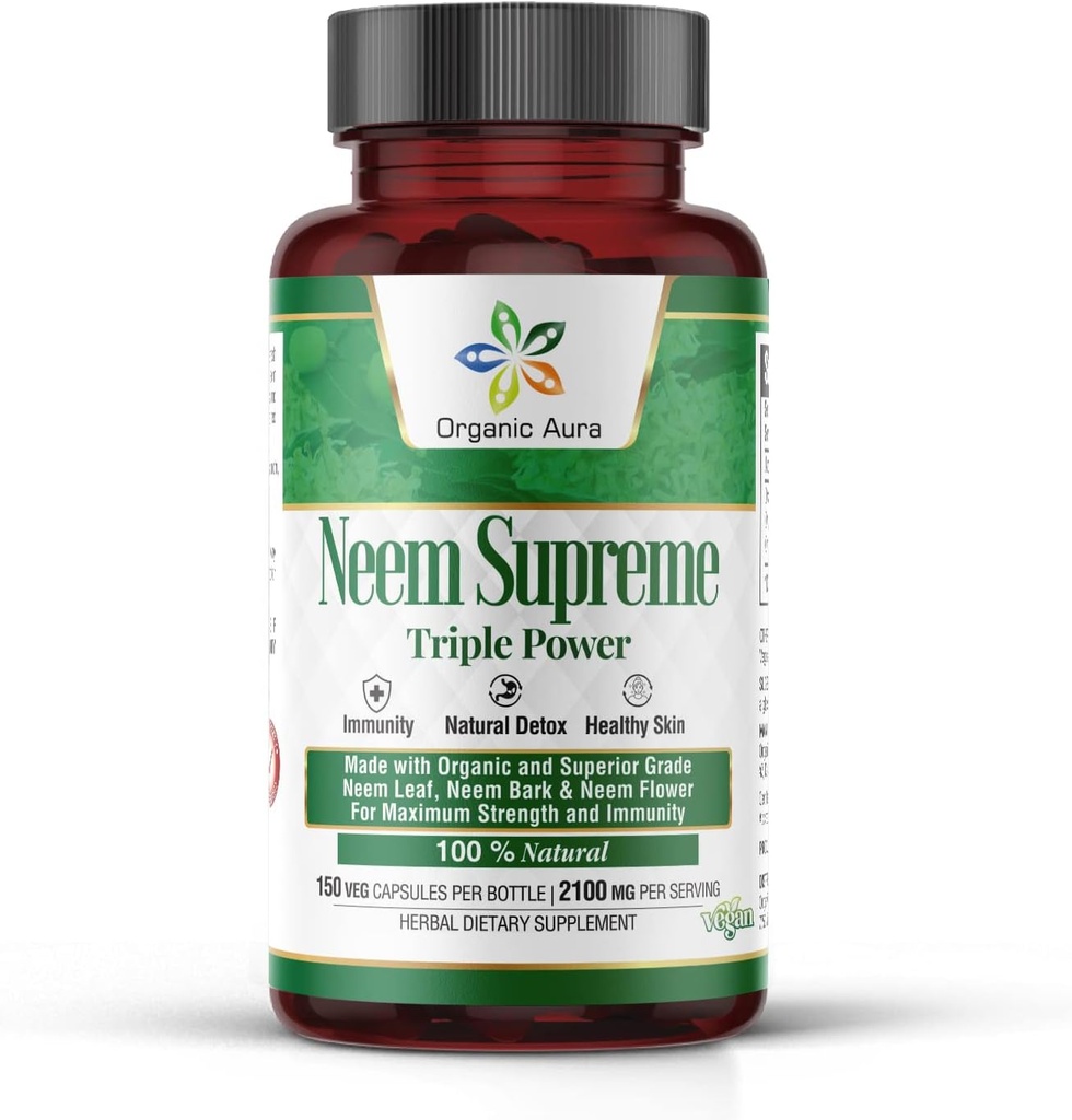 Bio Aura Neem Supreme Kapseln. 150 Veg Kapseln. Triple Complex - Max Strength Pure High-Potency Azadirachta Indica Capsule. Natürliches Antioxidans, Hautgesundheit, Immunitätsunterstützung.