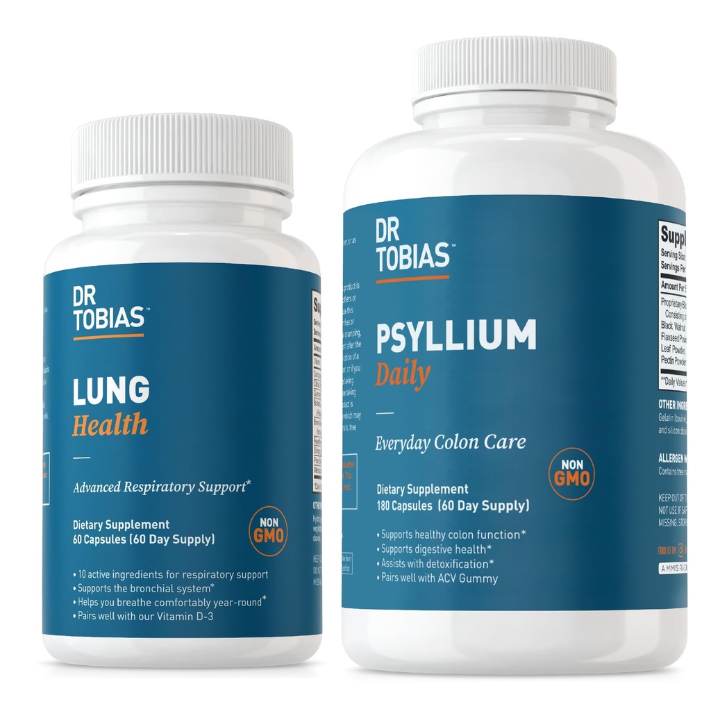 Dr. Tobias Lung Health & Psyllium Daily Supplements, Lung Cleanse & Detox Formula, unterstützt gesunde Bowel-Bewegungen mit Psyllium Husk, Vitamin C, Butterbur, Quercetin, Daily Fiber und Lung Supplement