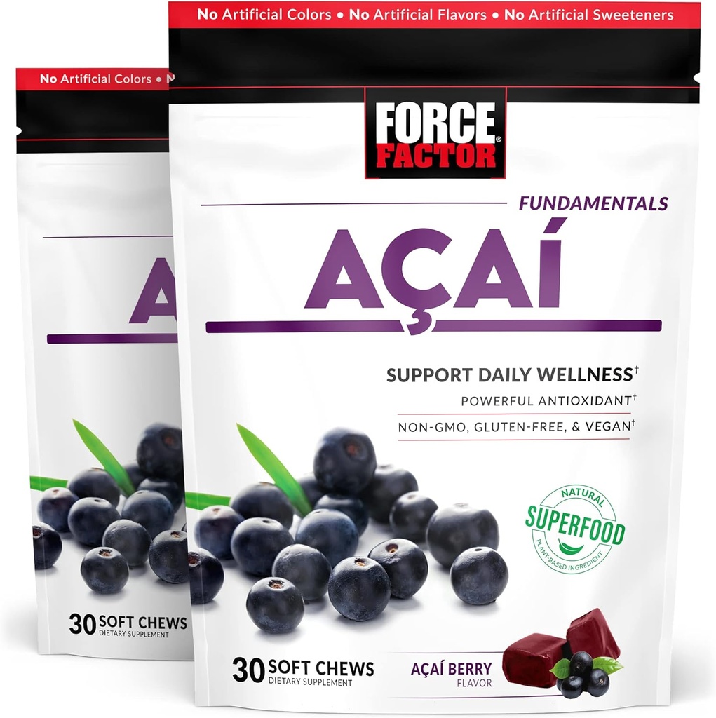 Force Factor Acai Soft Chews für Immununterstützung, Oxidative Stress Defense, Superfood und Antioxidants Supplement, Non-GMO, Gluten-Free, und Vegan, Acai Berry Flavor, 30 Soft Chews, 2-Pack