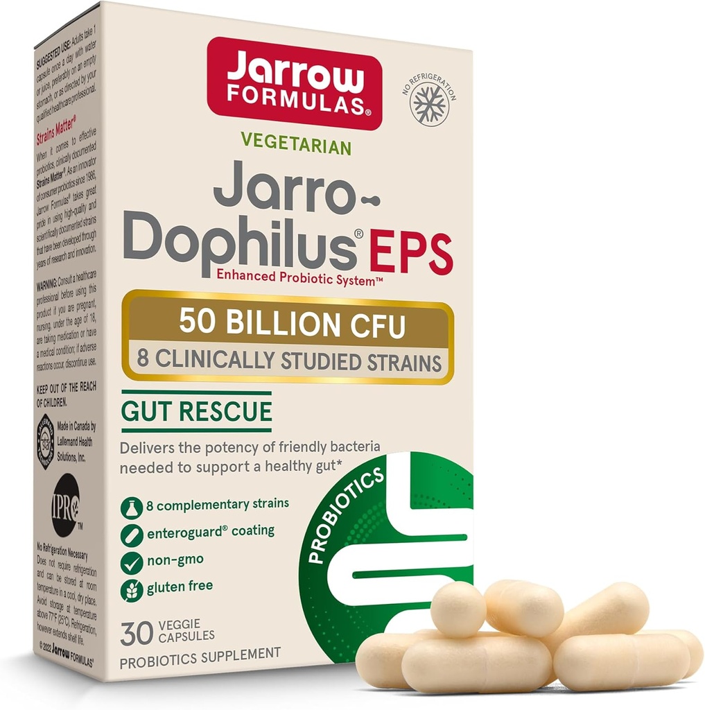 Jarrow Formulas Jarro-Dophilus EPS - 50 Billion Organisms Per Serving - 30 Enteric Coated Veggie Caps - Multi-Strain Probiotic - Intestinal & Immune Health - Up to 30 Servings