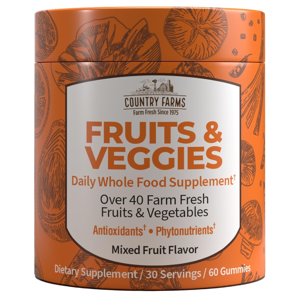 COUNTRY FARMS Obst und Gemüse Gummi, mit über 40 Farm Frische Früchte & Gemüse, verpackt mit leistungsstarken Antioxidantien, (Spirulina, Blueberry, Pilze), Tägliche Ganze Nahrungsergänzung, Pektin basiert,