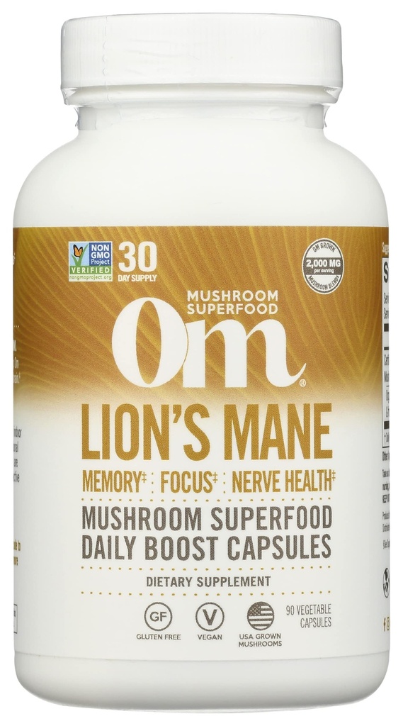 Om Mushroom Superfood Lion's Mane Mushroom Capsules Supplement, Fruchtkörper & Mycelium Nootropic für Gedächtnisunterstützung, Fokus, Klarheit, Nerve Gesundheit, Kreativität &Mood, 90 Kapseln
