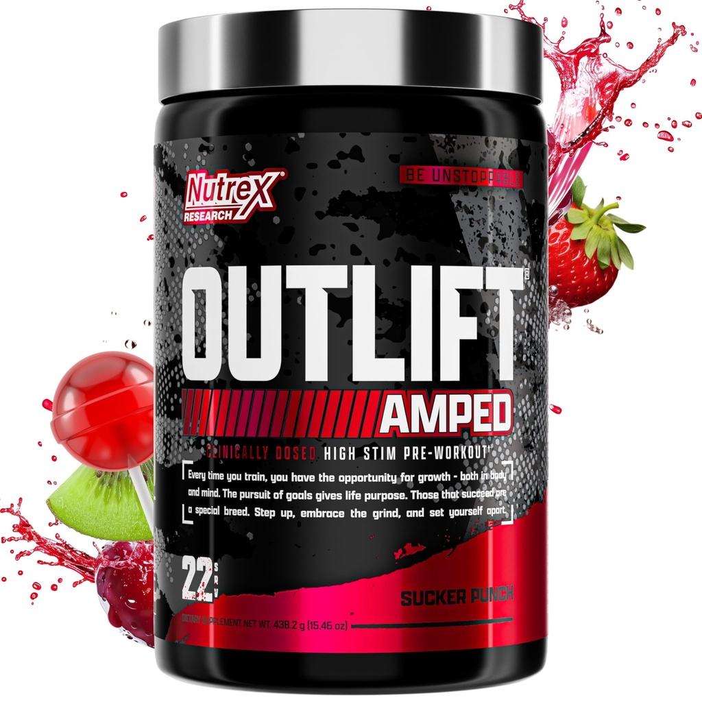 OUTLIFT Amped Max Dosed HIGH STIM Pre Workout Powder, 6G Citrulline, 3.2G Beta Alanine, Alpha GPC, CognatiQ, Extreme Energy, Massive Pumps, Stärke, Elektrolyte, Nootropics, Fruit Punch, 22 Servierungen