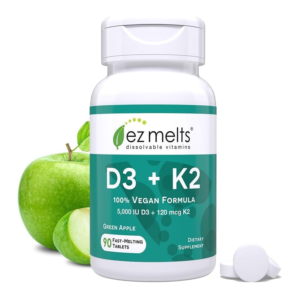 EZ Melts Auflösbares Vegan Vitamin D3 + K2 5.000 IU - Knochen- und Herzgesundheitsunterstützung - Immunfunktionsunterstützung - Keine künstlichen Geschmacksrichtungen - Nicht-GMO - Grüner Apfel - 90 Auflösbare Tabletten (90 Portionen)