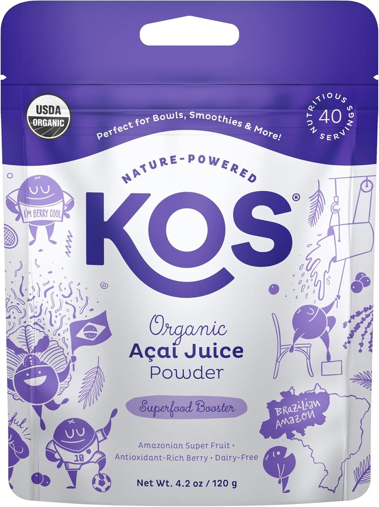 KOS USDA Poudre d'açai biologique, superaliment non sucré - Antioxydant naturel, baie d'açai pour smoothies et bols - Polyphénol Abondant, sans gluten, non-OGM, sac refermable climatique, 40 portions