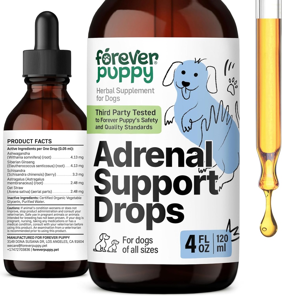 Forever Puppy Adrenal Support Drops für Hunde - Pure Ashwagandha & Ginseng Root Extract for Energy Support - Berechnungsergänzung für Hunde aller Rassen & Größen - 4 fl oz