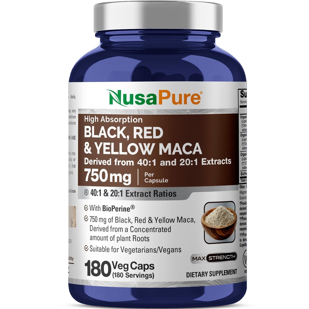 NusaPure Maca Root Nero, Rosso, Giallo 20.000mg - 180 Vegan Capsule (Vegan, Non OGM, Gluten Free) Bioperine