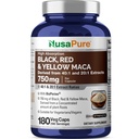 NusaPure Maca Root Nero, Rosso, Giallo 20.000mg - 180 Vegan Capsule (Vegan, Non OGM, Gluten Free) Bioperine